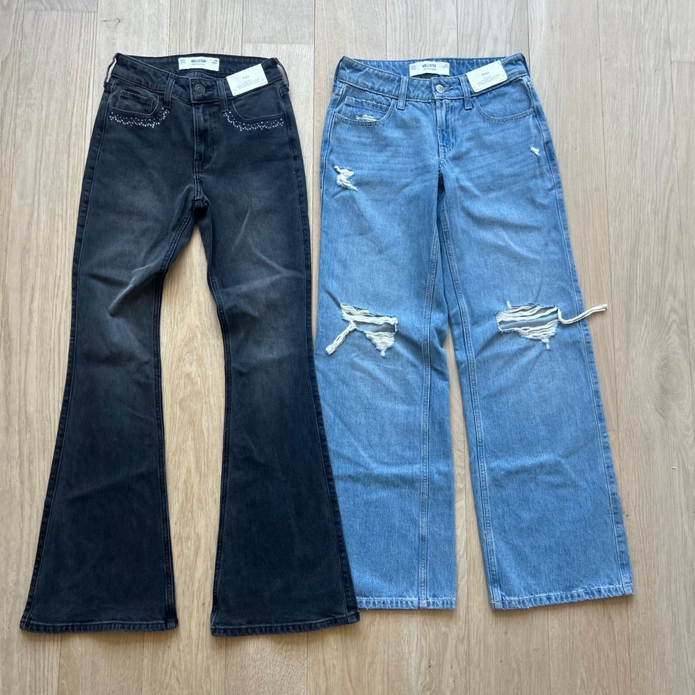 2 Hollister Jeans Sz 23 Y2K High Rise Flare Low Rise Baggy Studded Boho Retro